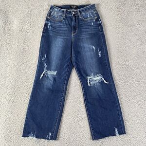Judy Blue Wide Leg Jeans Womens 3/26 x 25 Blue Cropped High Rise Raw Hem Cut Off